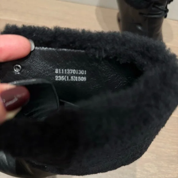 Black Leather Fold Over Shearling Cuff Ankle Boots Booties - Picture 7 of 11